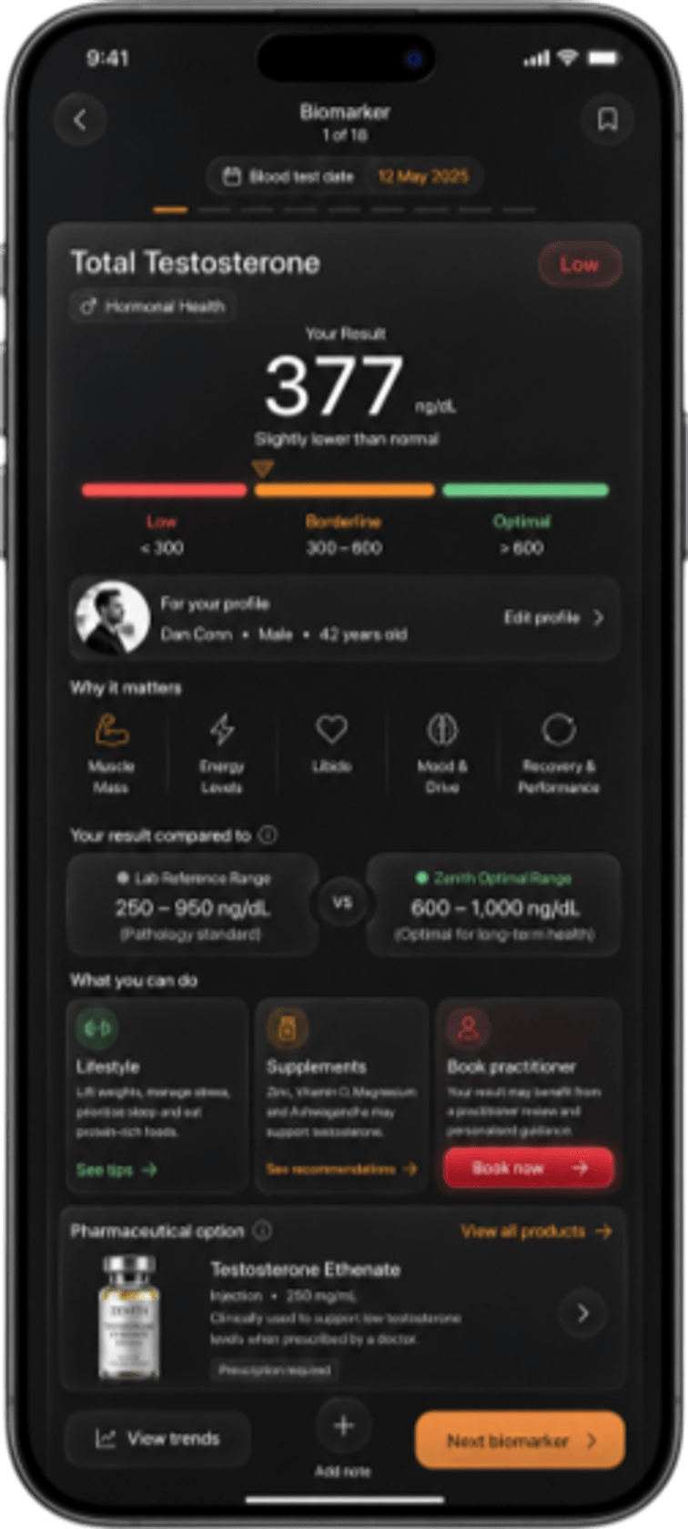 Zenith app Total Testosterone biomarker screen showing result, optimal range comparison and recommended actions