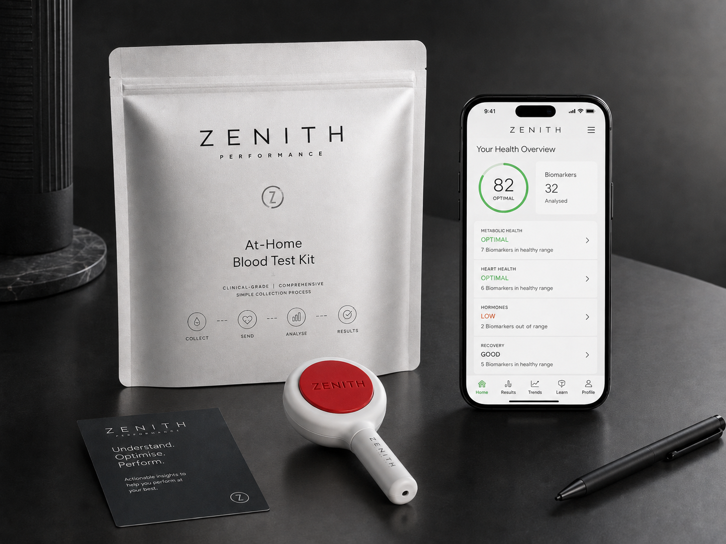 Zenith at-home blood test kit with collection device, iPhone health dashboard and biomarker results card