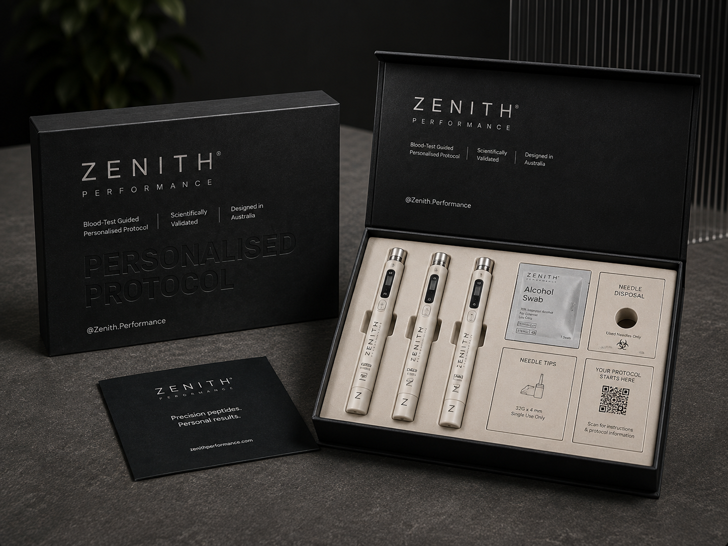 Zenith Personalised Protocol box set with peptide pens, alcohol swabs and needle tips